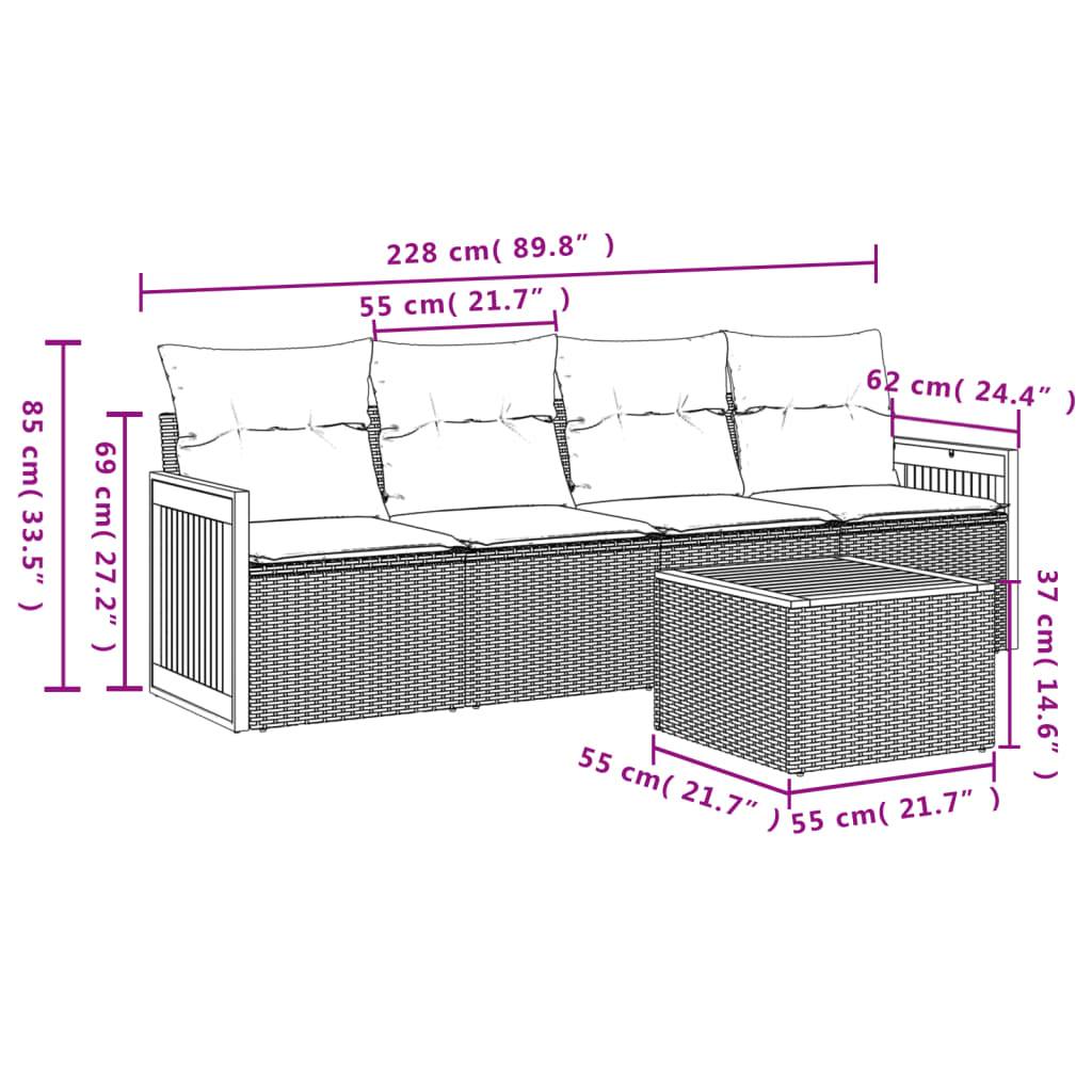 vidaXL 5-tlg. Garten-Sofagarnitur mit Kissen Schwarz Poly Rattan