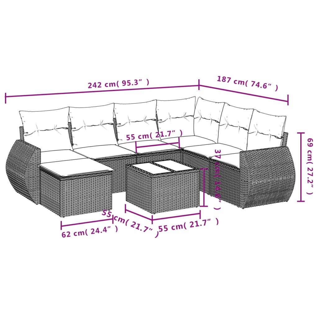 vidaXL 8-tlg. Garten-Sofagarnitur mit Kissen Grau Poly Rattan