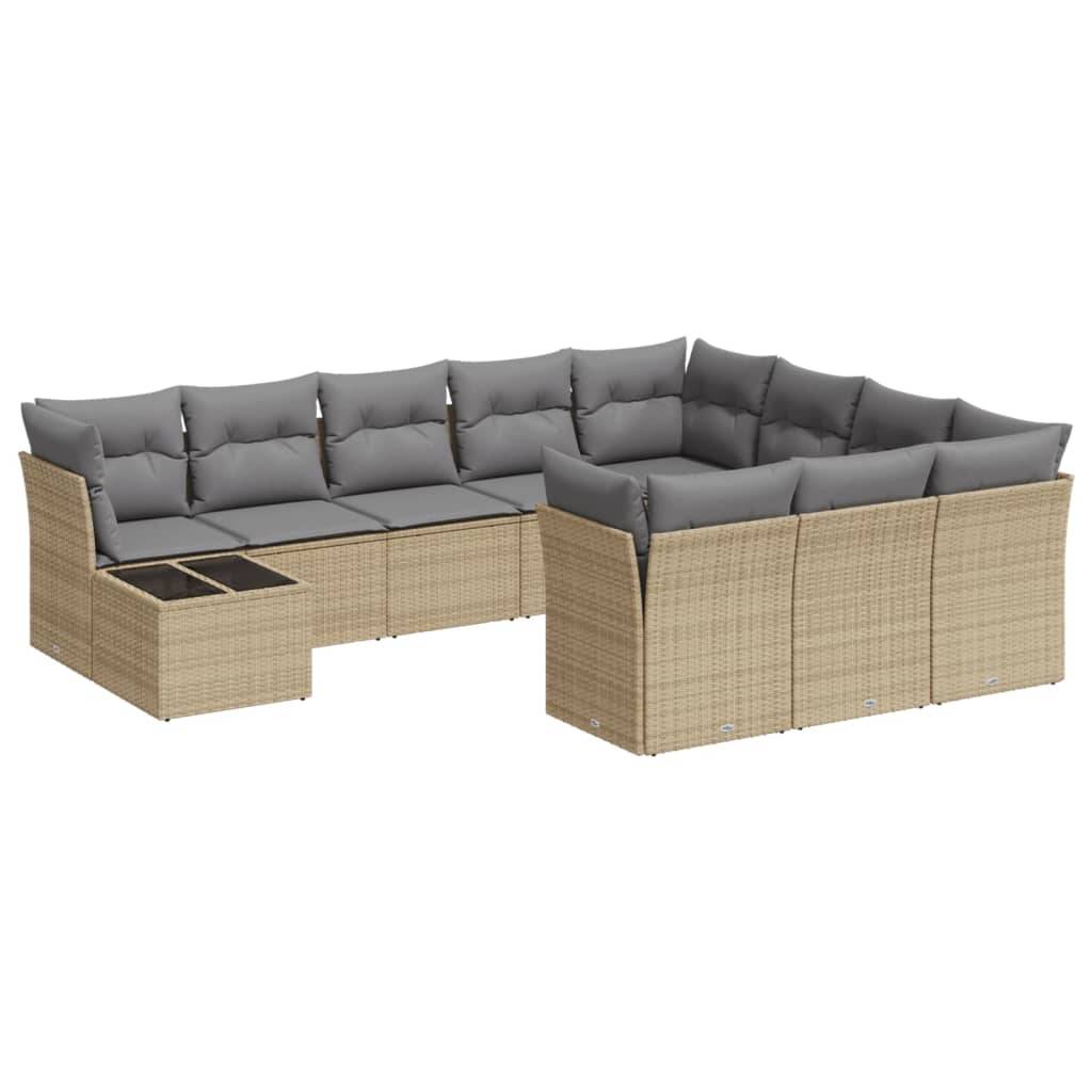 vidaXL 11-tlg. Garten-Sofagarnitur mit Kissen Beige Poly Rattan