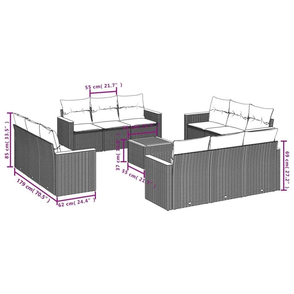 vidaXL 13-teiliges Gartensofa-Set mit Kissen, schwarzes Polyrattan