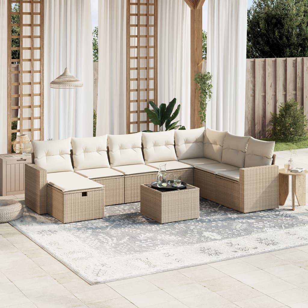 vidaXL 9-tlg. Garten-Sofagarnitur mit Kissen Beige Poly Rattan
