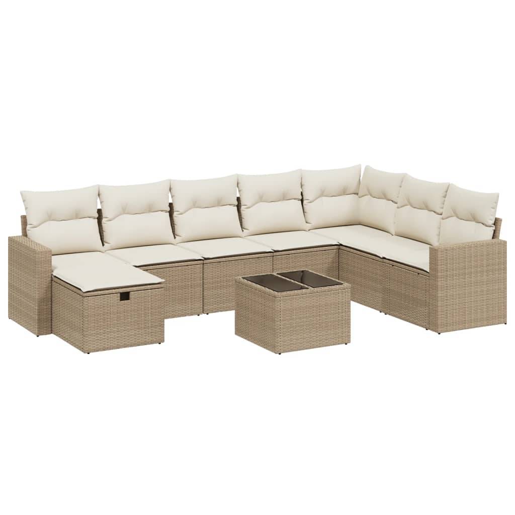 vidaXL 9-tlg. Garten-Sofagarnitur mit Kissen Beige Poly Rattan