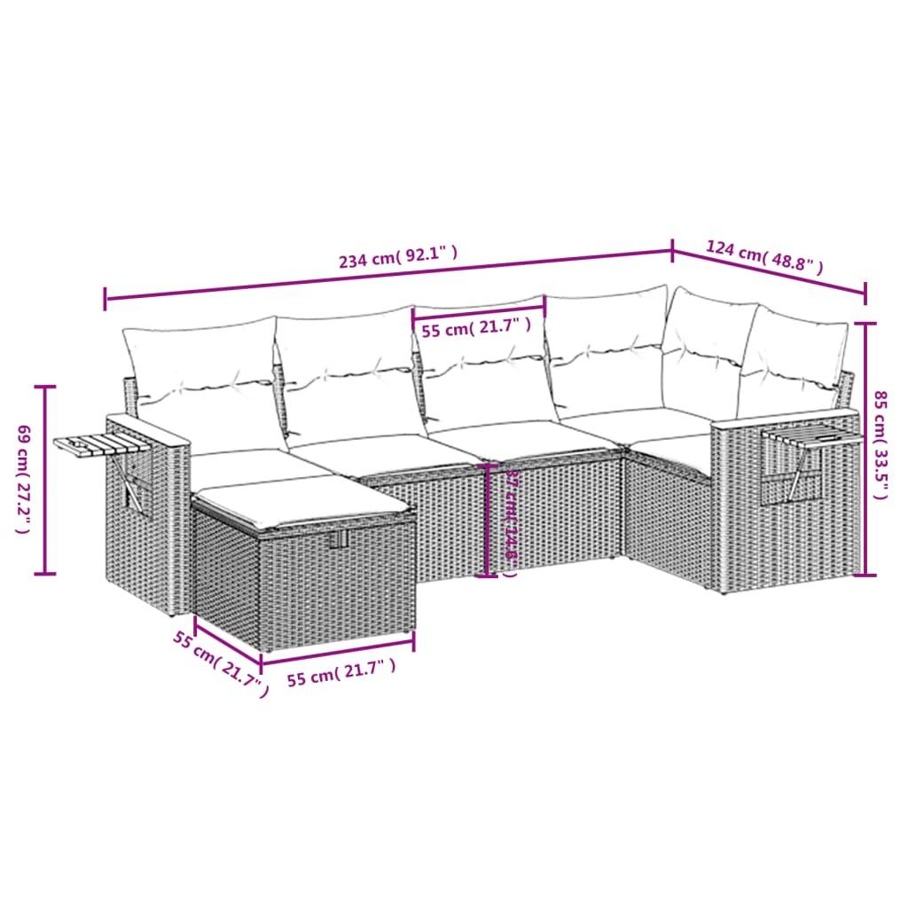 vidaXL 6-tlg. Garten-Sofagarnitur mit Kissen Beige Poly Rattan