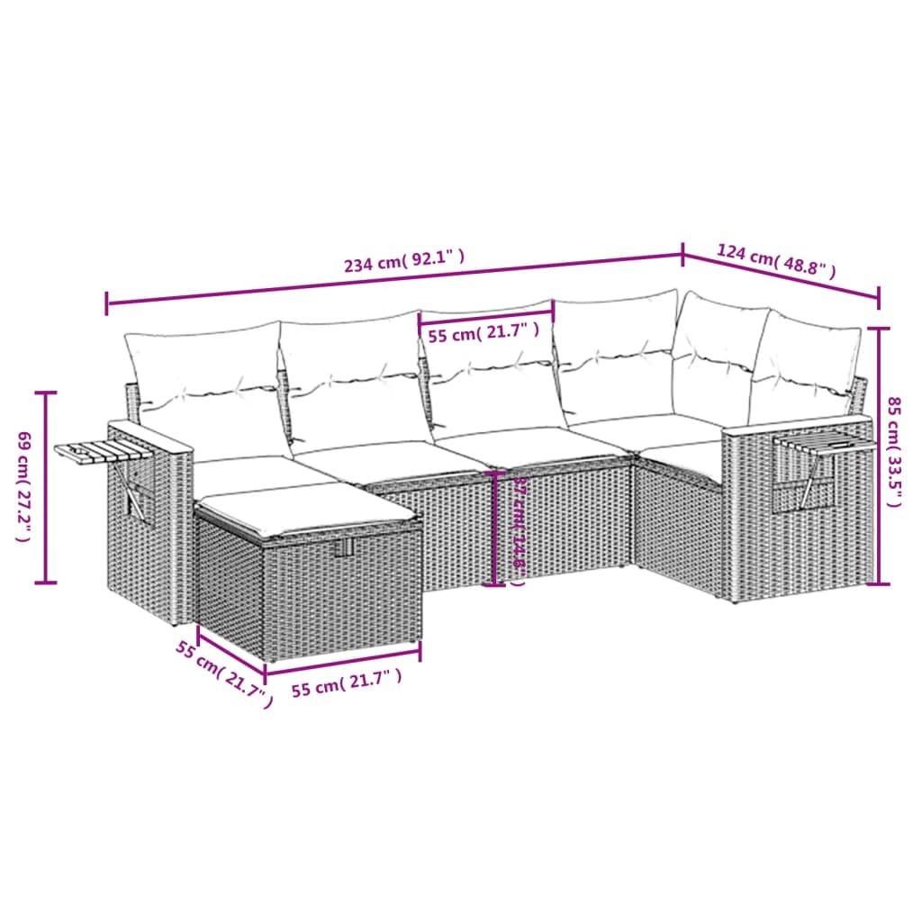 vidaXL 7-tlg. Garten-Sofagarnitur mit Kissen Schwarz Poly Rattan