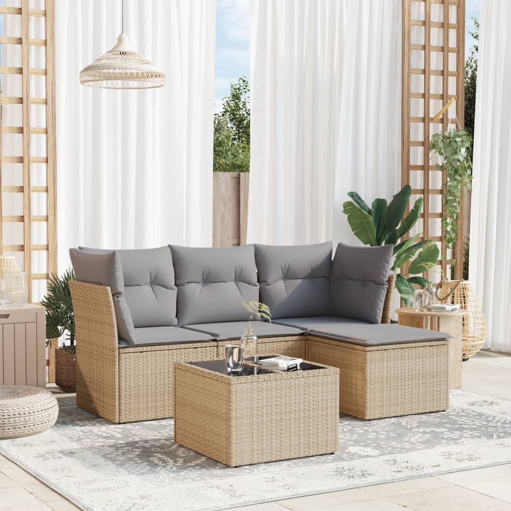 vidaXL 5-tlg. Garten-Sofagarnitur mit Kissen Beige Poly Rattan