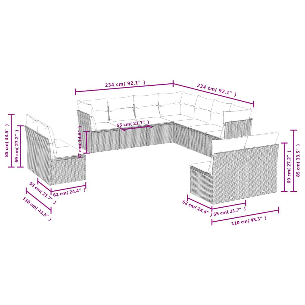 vidaXL 11-tlg. Garten-Sofagarnitur mit Kissen Schwarz Poly Rattan