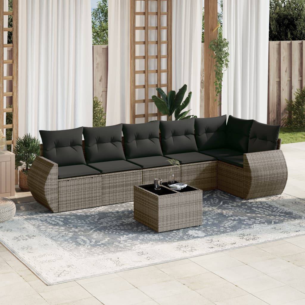 vidaXL 7-tlg. Garten-Sofagarnitur mit Kissen Grau Poly Rattan