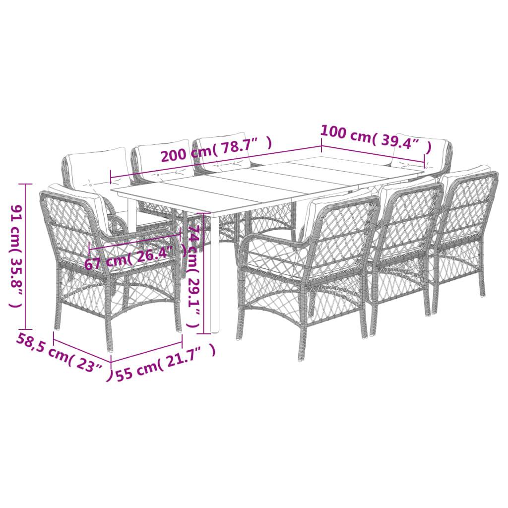 vidaXL 9-tlg. Garten-Essgruppe mit Kissen Grau Poly Rattan