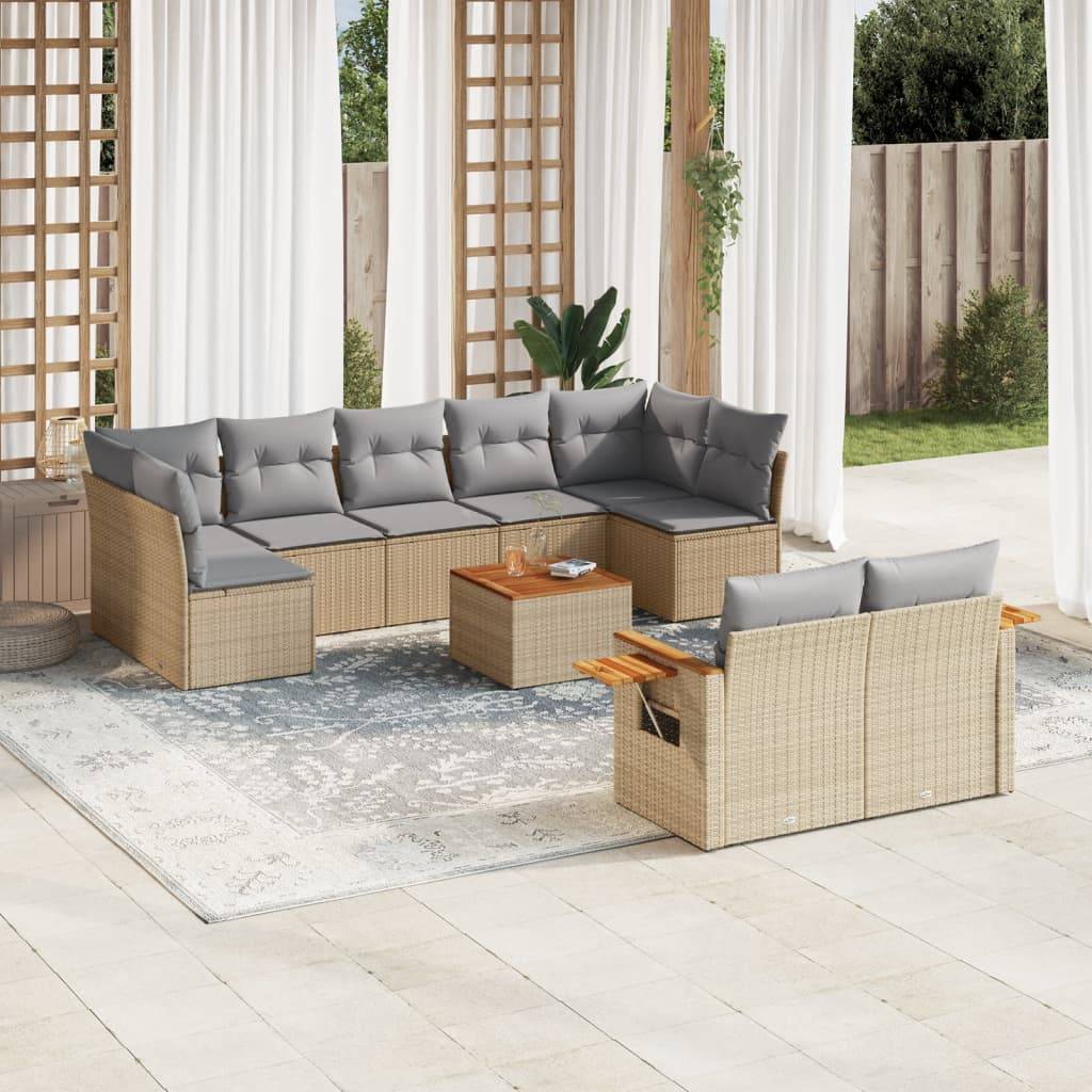 vidaXL 10-tlg. Garten-Sofagarnitur mit Kissen Beige Poly Rattan