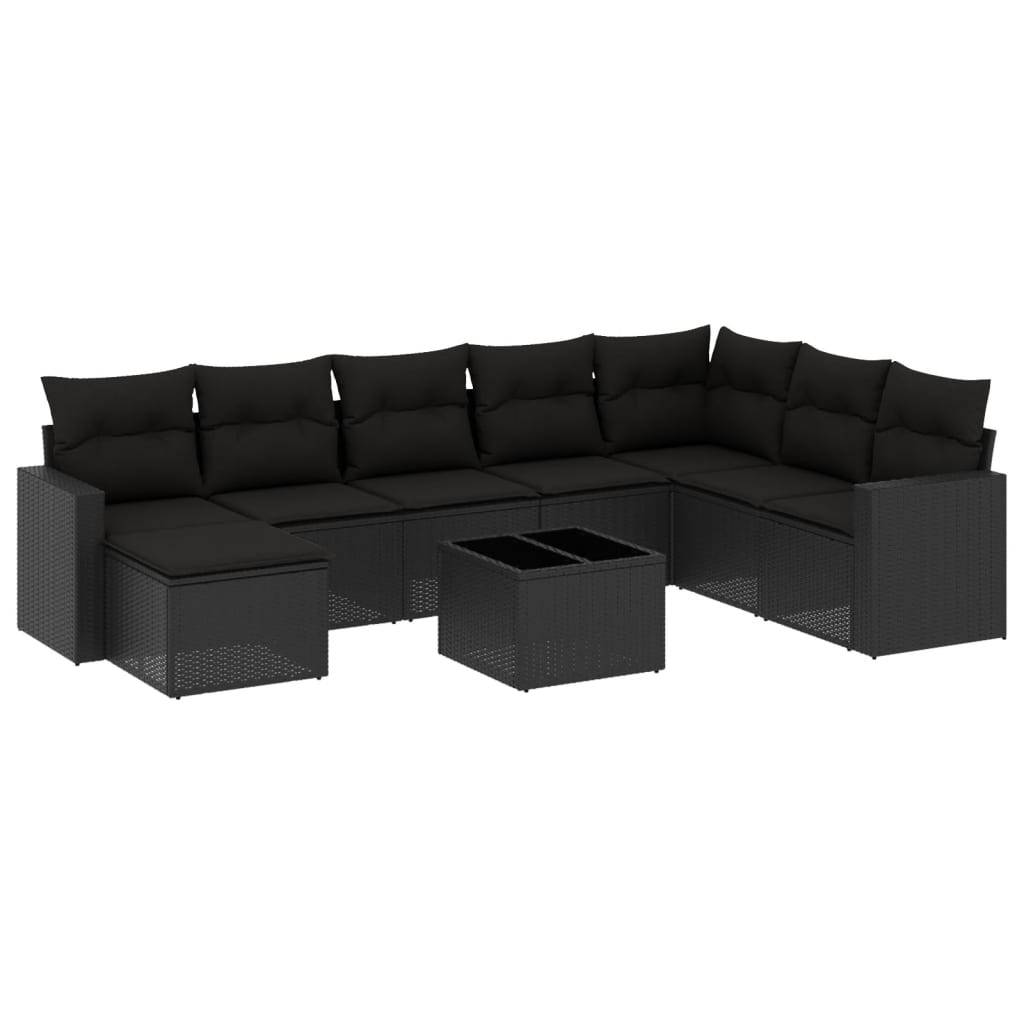vidaXL 9-tlg. Garten-Sofagarnitur mit Kissen Schwarz Poly Rattan