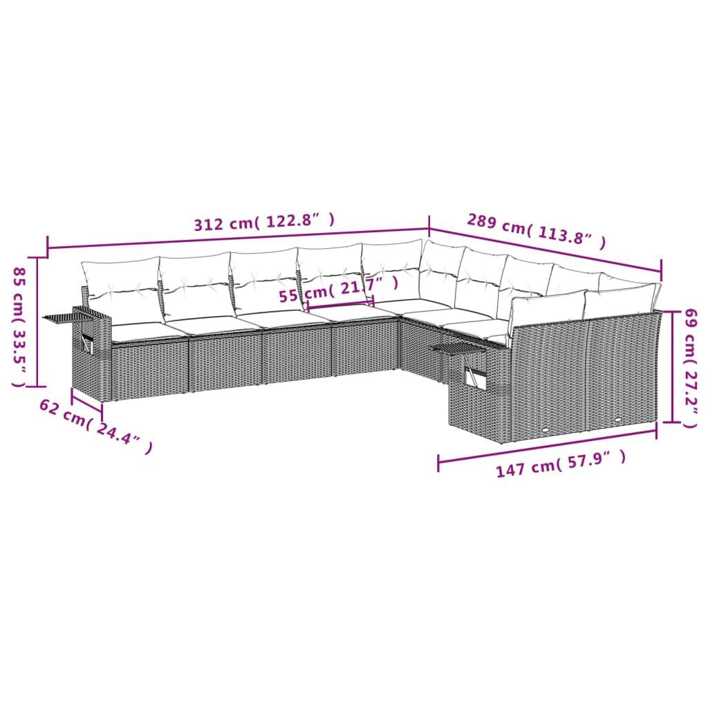 vidaXL 10-tlg. Garten-Sofagarnitur mit Kissen Schwarz Poly Rattan