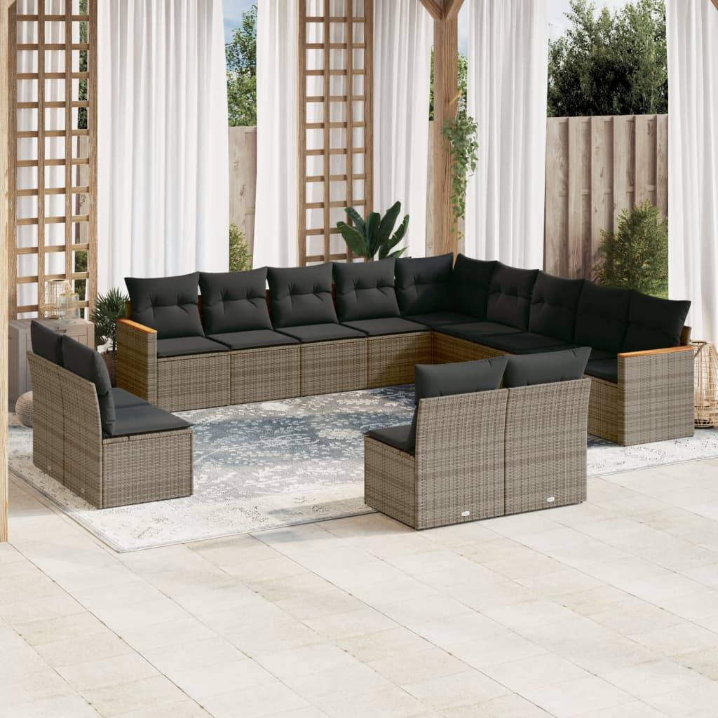 vidaXL 13-tlg. Garten-Sofagarnitur mit Kissen Grau Poly Rattan