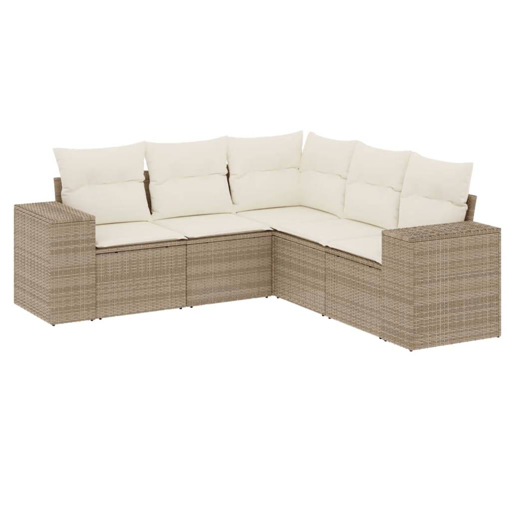 vidaXL 5-tlg. Garten-Sofagarnitur mit Kissen Beige Poly Rattan