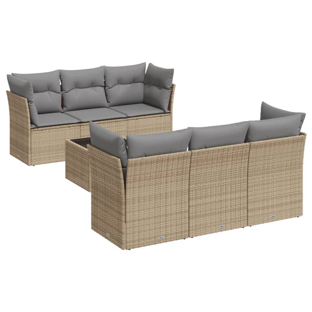 vidaXL 7-tlg. Garten-Sofagarnitur mit Kissen Beige Poly Rattan