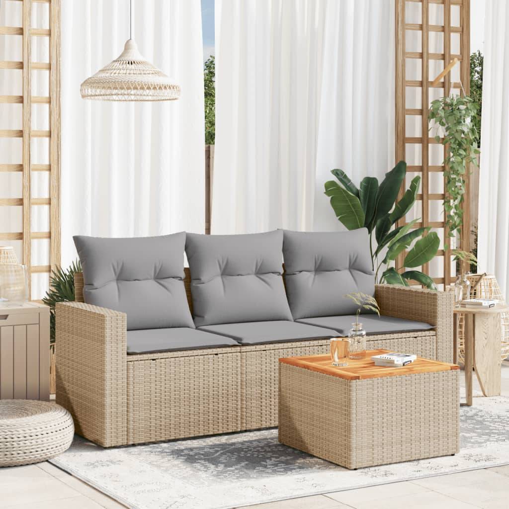 vidaXL 4-tlg. Garten-Sofagarnitur mit Kissen Beige Poly Rattan