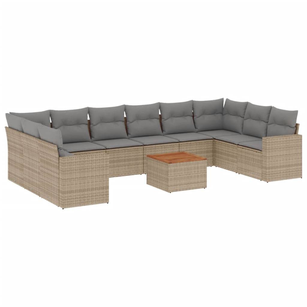 vidaXL 11-tlg. Garten-Sofagarnitur mit Kissen Beige Poly Rattan