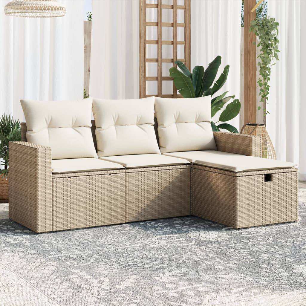 vidaXL 4-tlg. Garten-Sofagarnitur mit Kissen Beige Poly Rattan