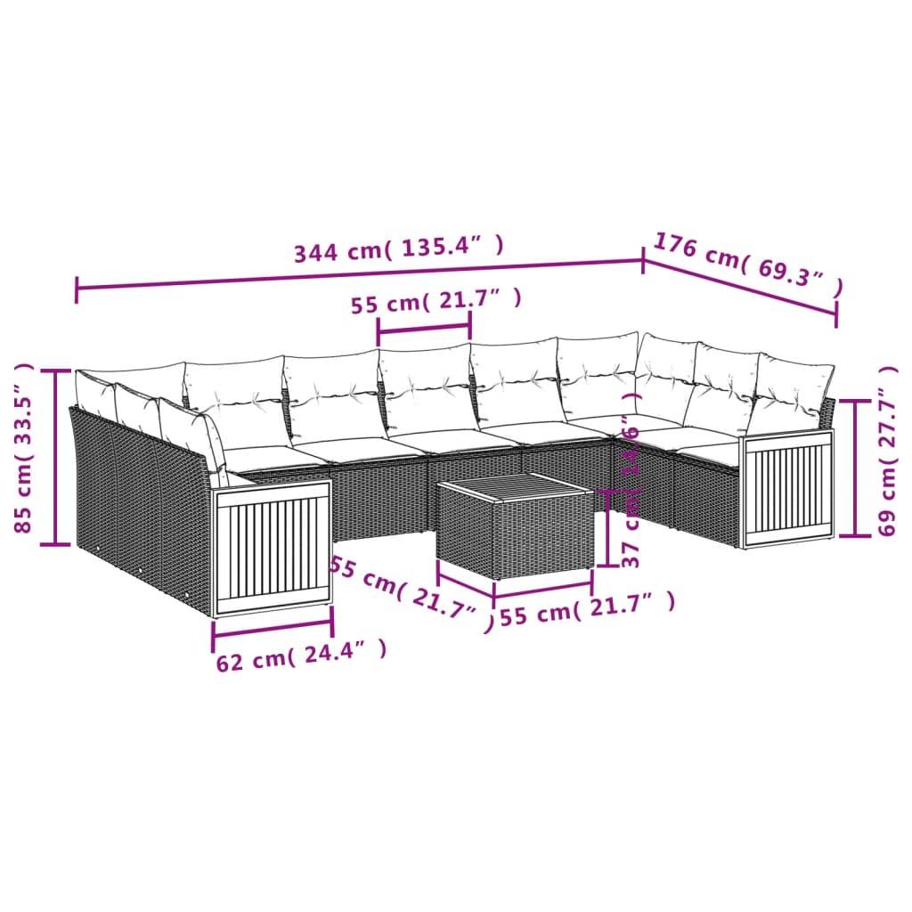 vidaXL 11-tlg. Garten-Sofagarnitur mit Kissen Schwarz Poly Rattan