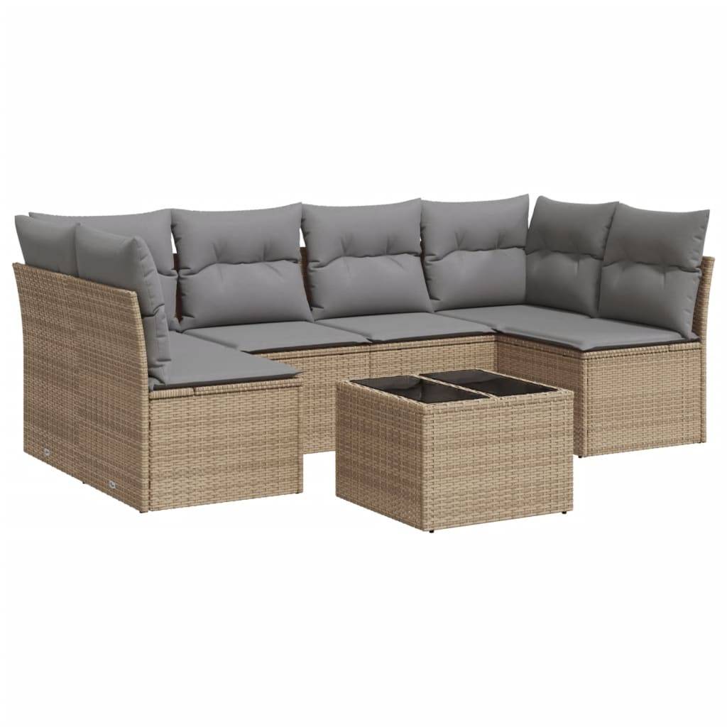 vidaXL 7-tlg. Garten-Sofagarnitur mit Kissen Beige Poly Rattan