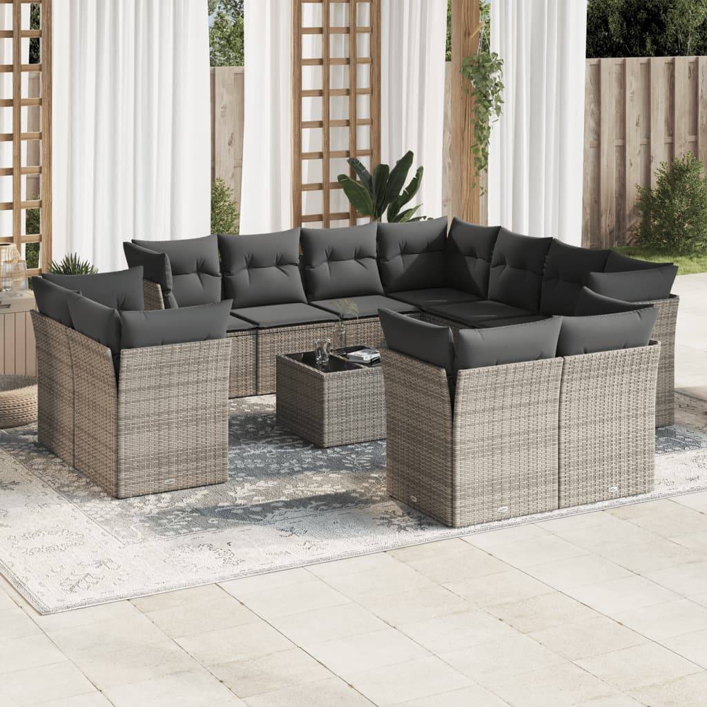 vidaXL 12-tlg. Garten-Sofagarnitur mit Kissen Grau Poly Rattan