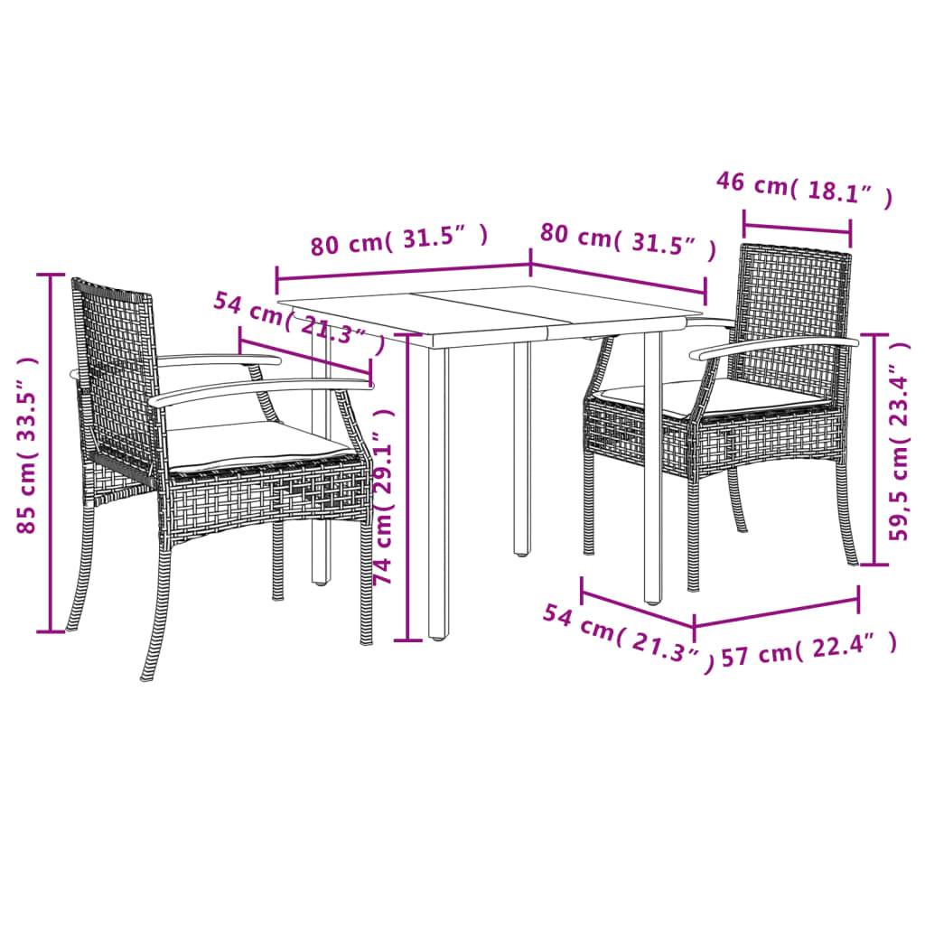 vidaXL 3-tlg. Garten-Essgruppe mit Kissen Grau Poly Rattan