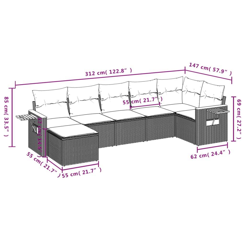 vidaXL 7-tlg. Garten-Sofagarnitur mit Kissen Grau Poly Rattan