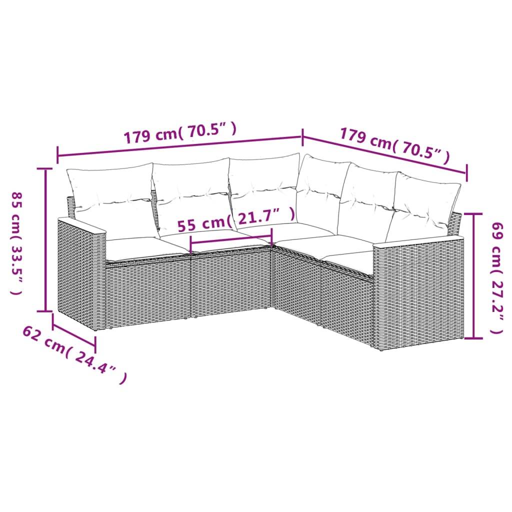 vidaXL 5-tlg. Garten-Sofagarnitur mit Kissen Grau Poly Rattan