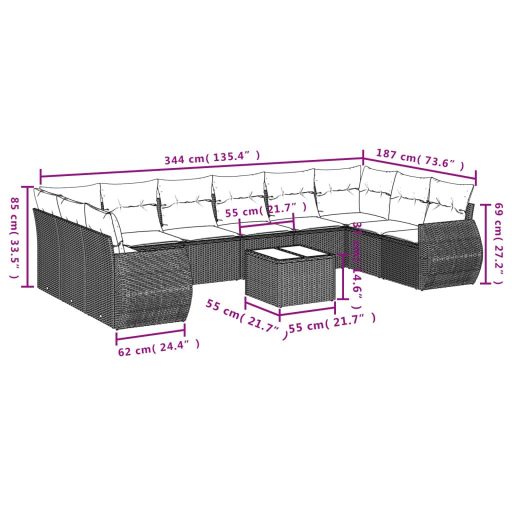 vidaXL 10-teiliges Gartensofa-Set mit Kissen, schwarzes Polyrattan