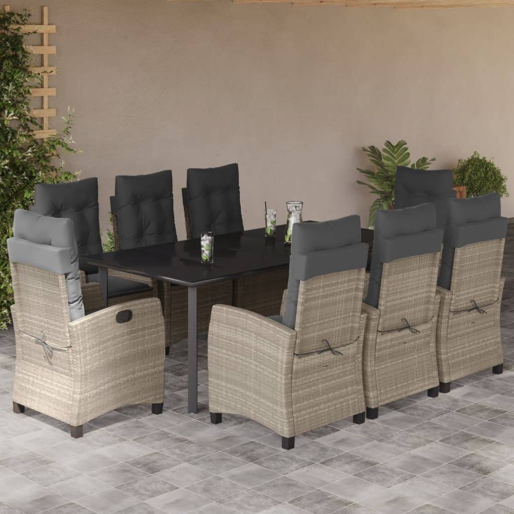 vidaXL 9-tlg. Garten-Essgruppe mit Kissen Hellgrau Poly Rattan