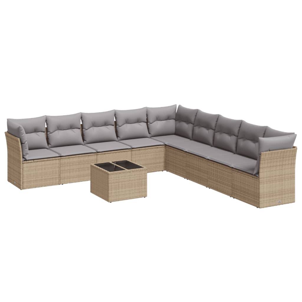 vidaXL 10-tlg. Garten-Sofagarnitur mit Kissen Beige Poly Rattan