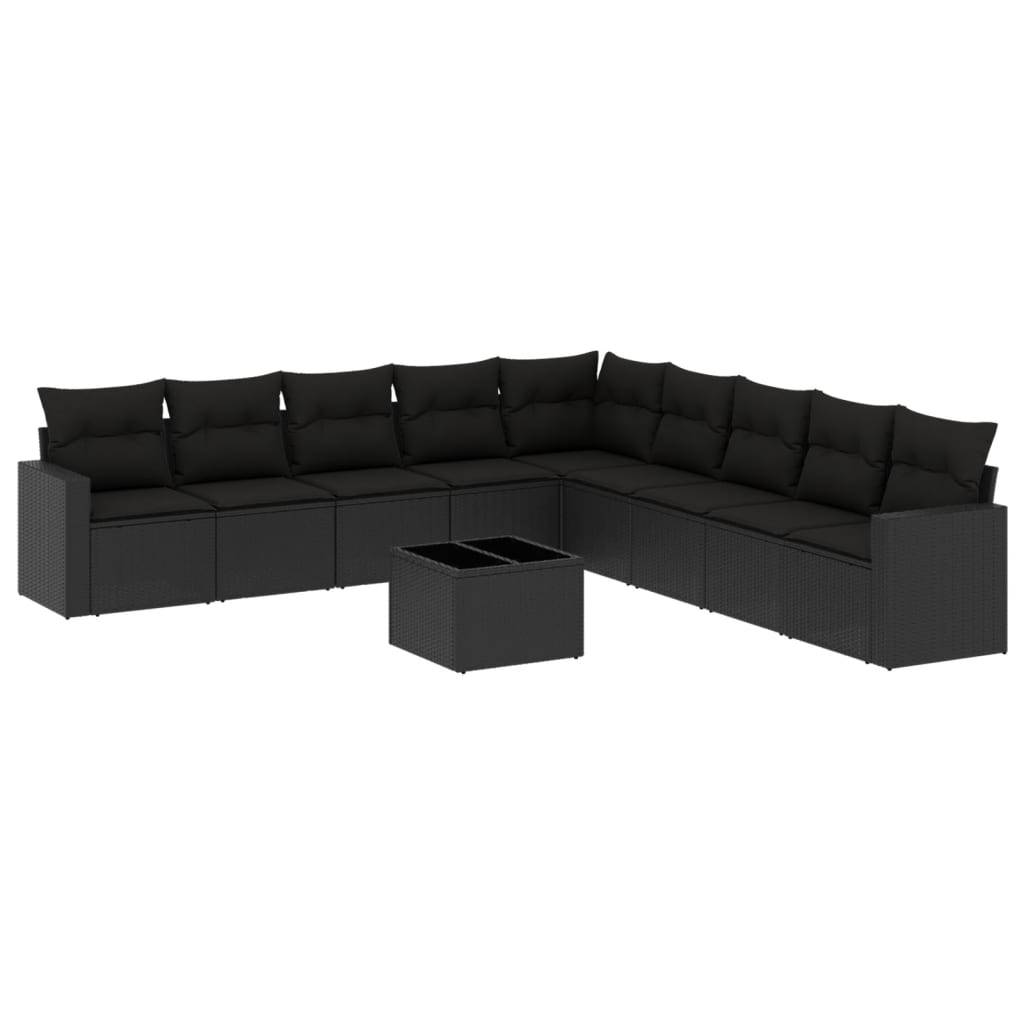 vidaXL 10-tlg. Garten-Sofagarnitur mit Kissen Schwarz Poly Rattan