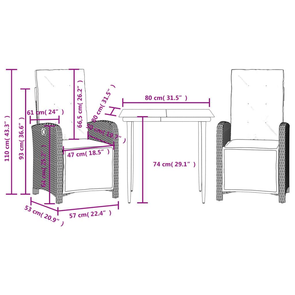 vidaXL 3-tlg. Bistro-Set mit Kissen Schwarz Poly Rattan