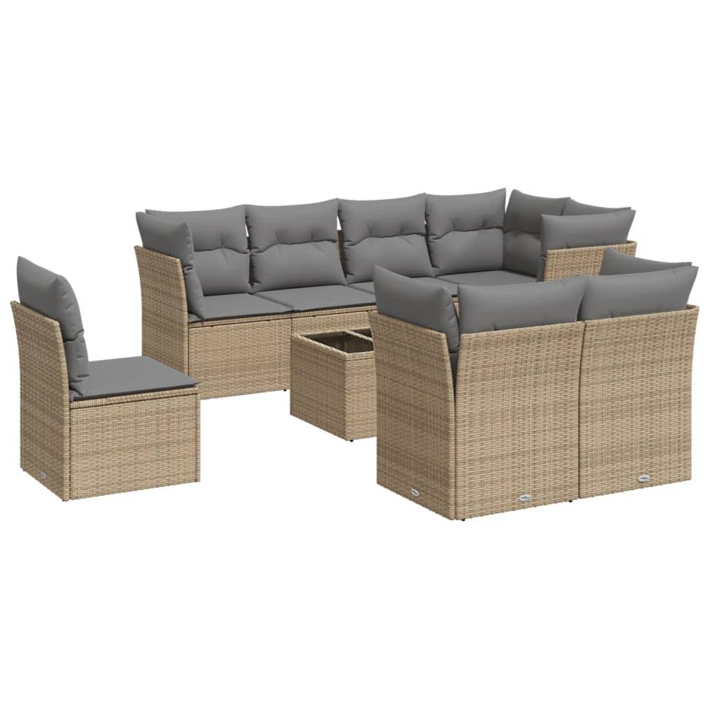 vidaXL 9-tlg. Garten-Sofagarnitur mit Kissen Beige Poly Rattan