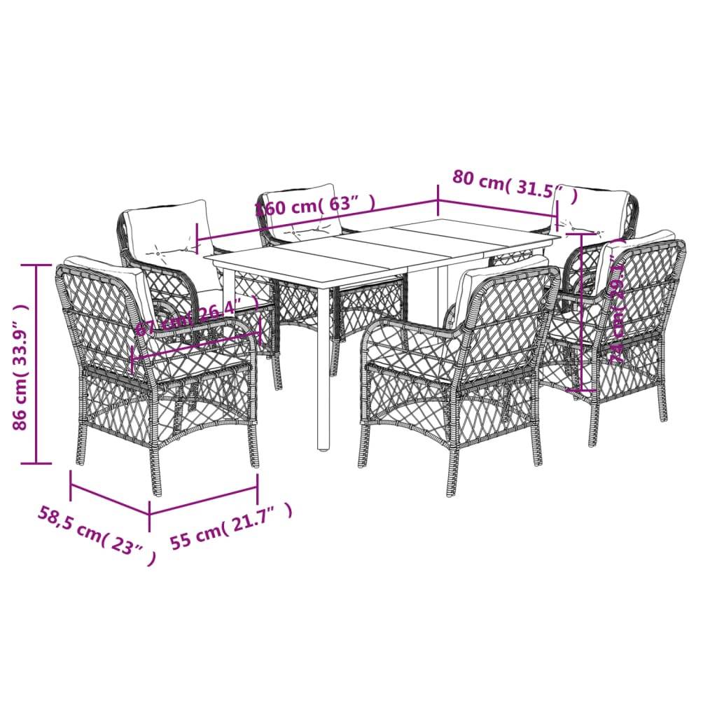 vidaXL 7-tlg. Garten-Essgruppe mit Kissen Grau Poly Rattan