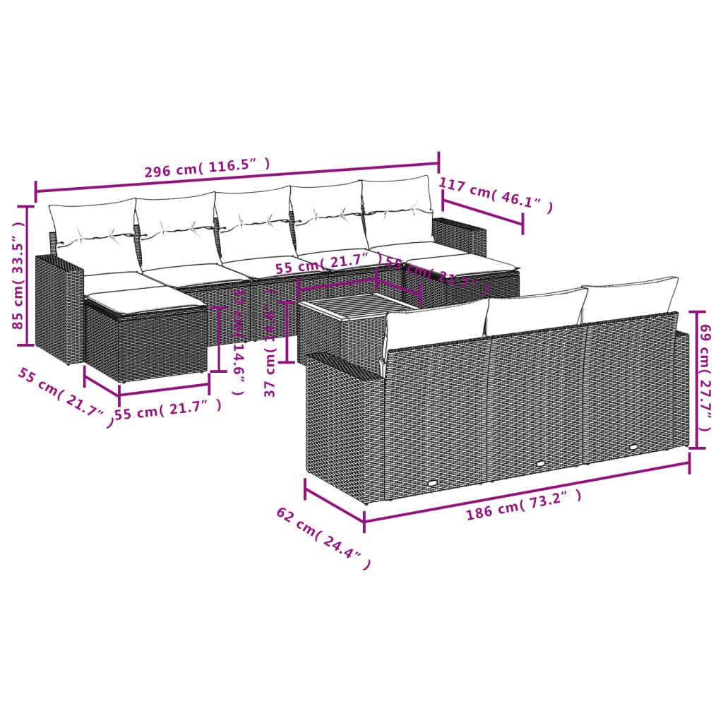 vidaXL 11-tlg. Garten-Sofagarnitur mit Kissen Grau Poly Rattan
