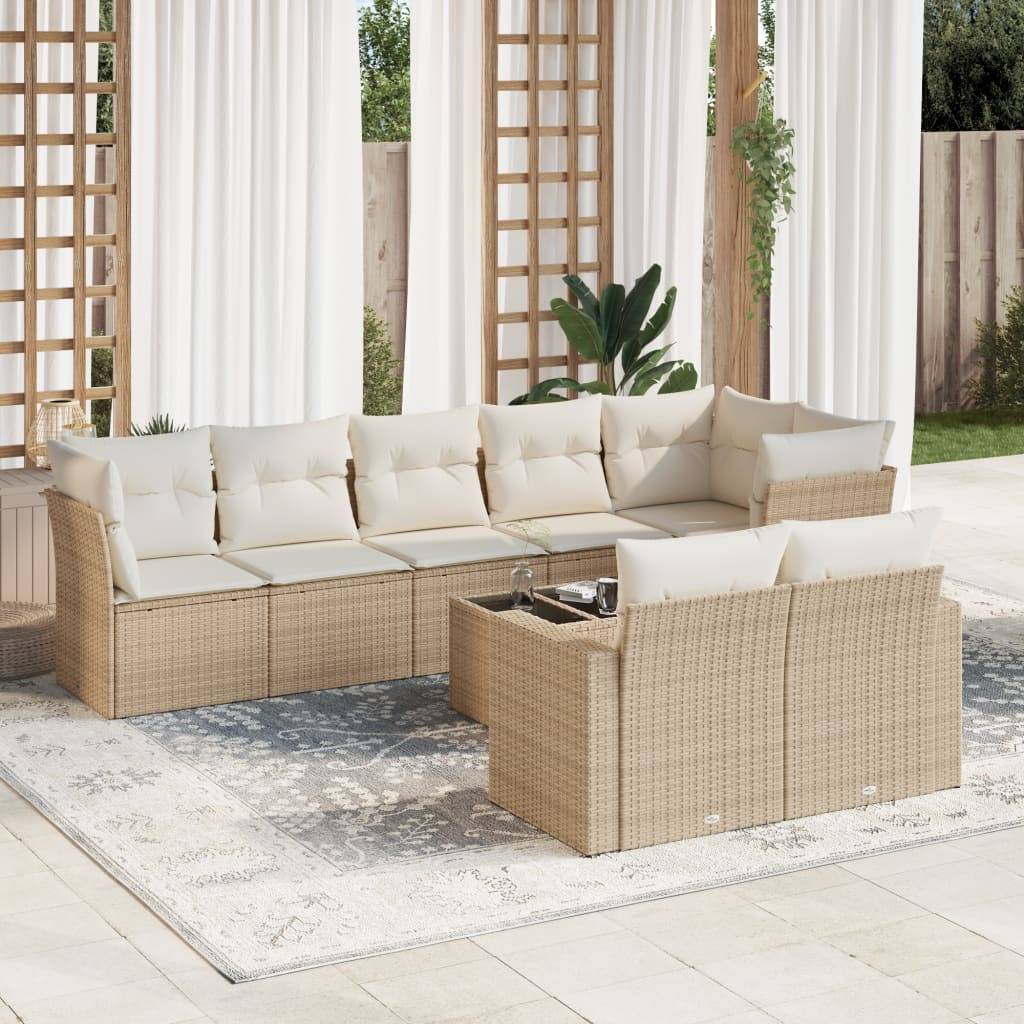 vidaXL 9-tlg. Garten-Sofagarnitur mit Kissen Beige Poly Rattan