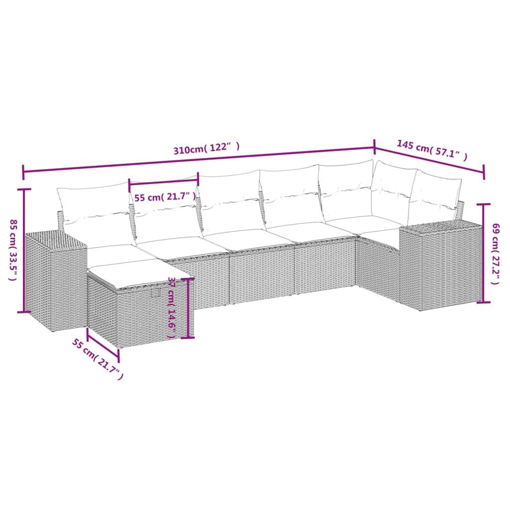 vidaXL 7-tlg. Garten-Sofagarnitur mit Kissen Schwarz Poly Rattan