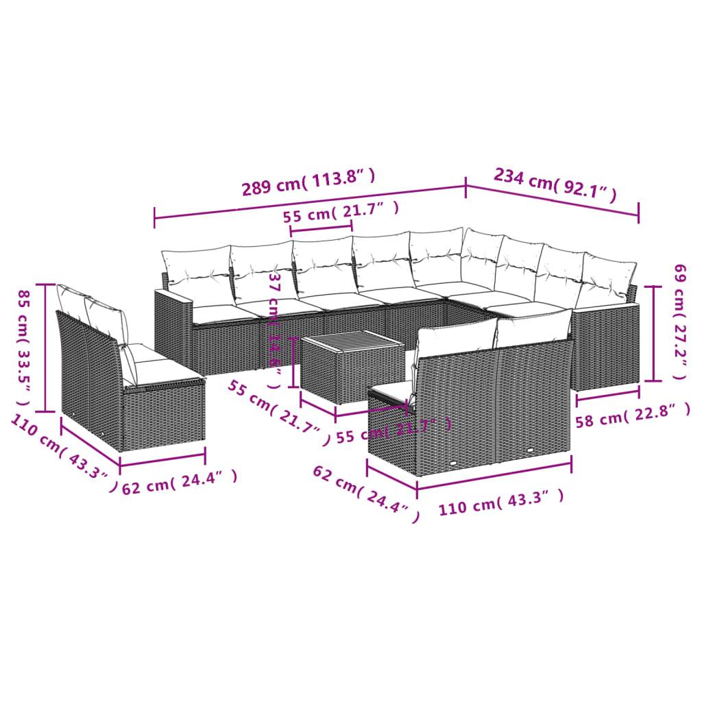 vidaXL 13-teiliges Gartensofa-Set mit Kissen, grau, Polyrattan