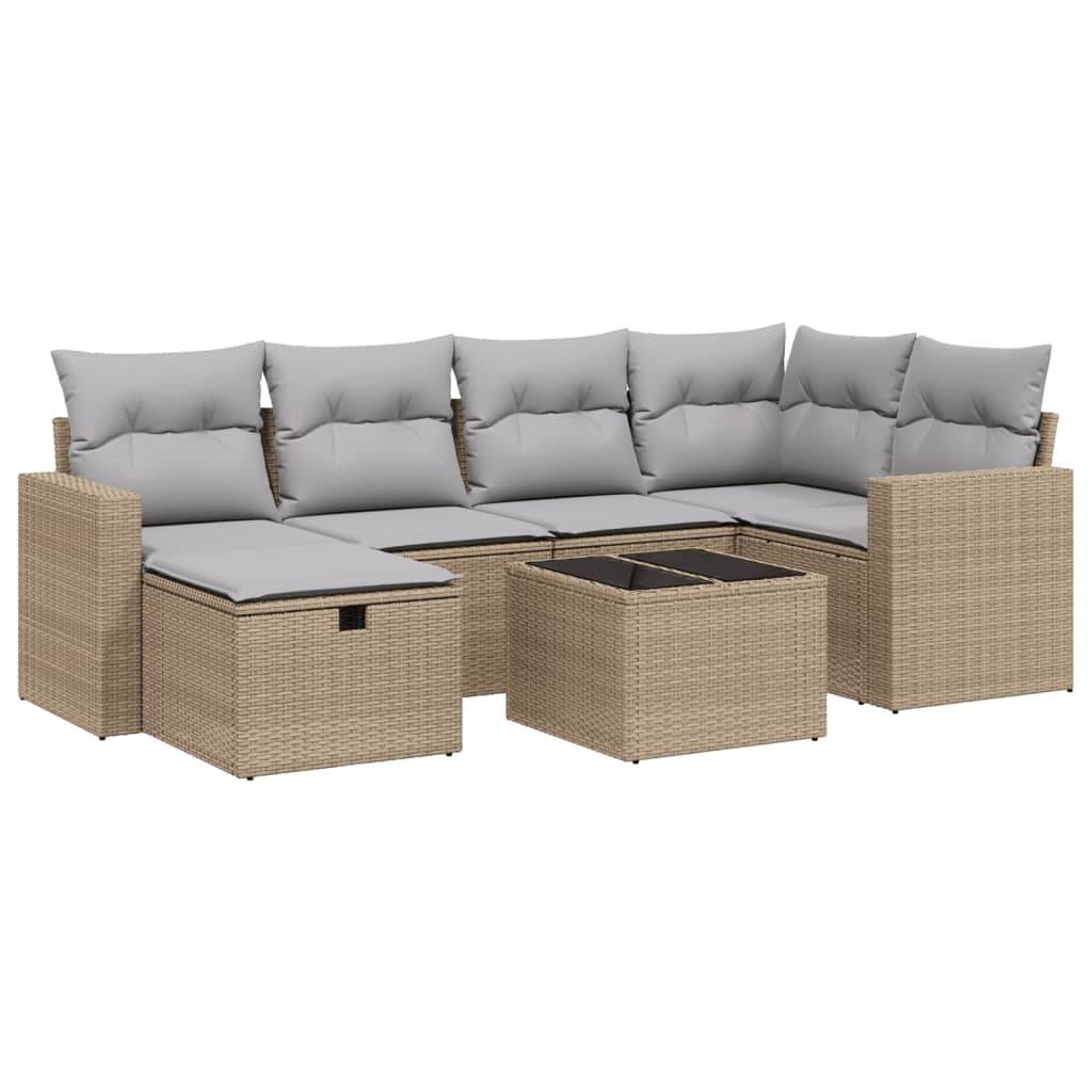 vidaXL 7-tlg. Garten-Sofagarnitur mit Kissen Beige Poly Rattan