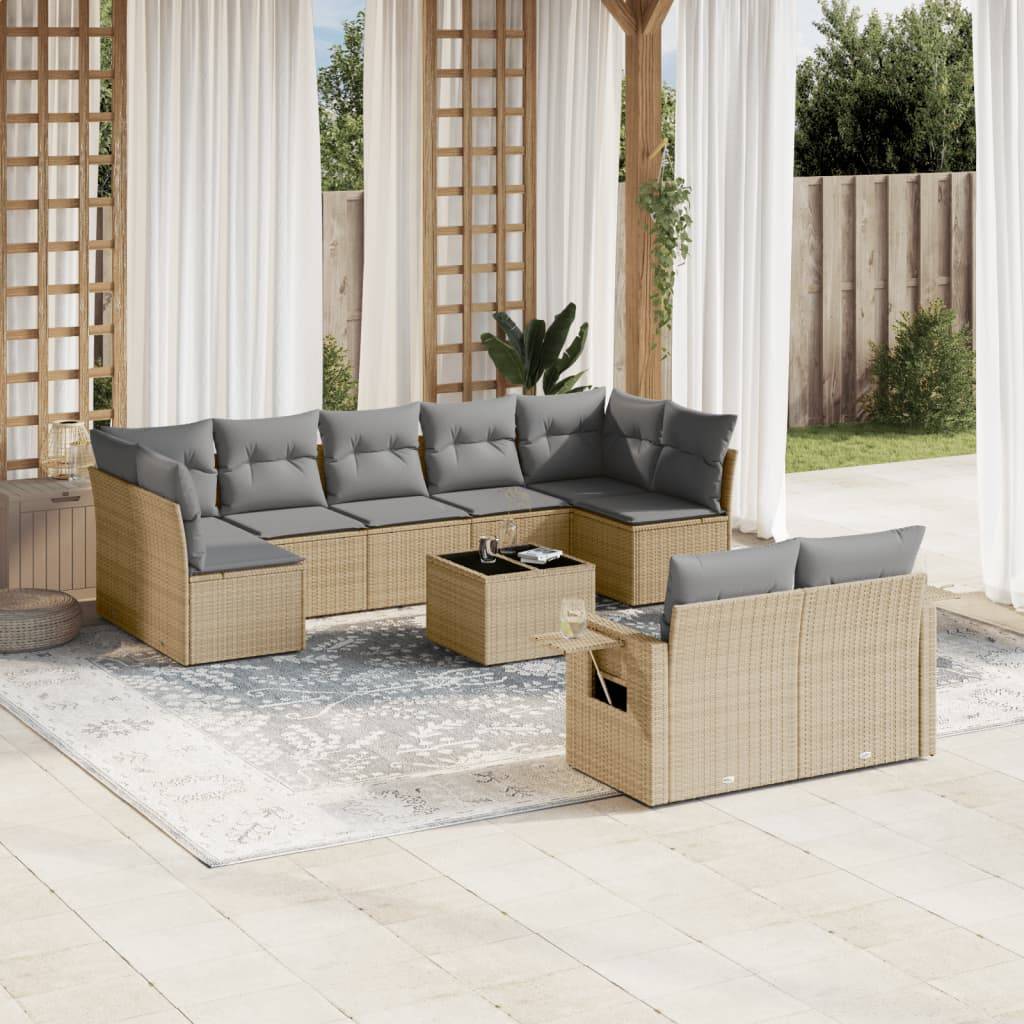 vidaXL 10-tlg. Garten-Sofagarnitur mit Kissen Beige Poly Rattan