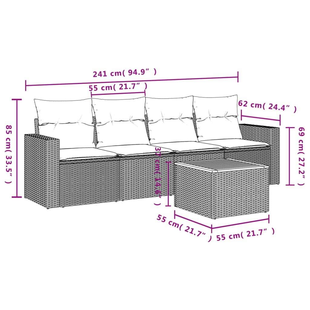 vidaXL 5-tlg. Garten-Sofagarnitur mit Kissen Grau Poly Rattan