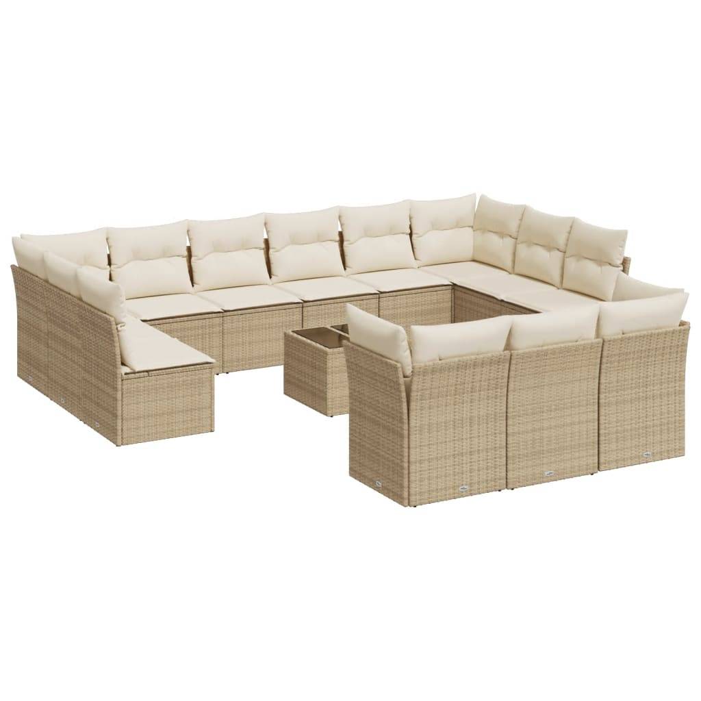 vidaXL 14-tlg. Garten-Sofagarnitur mit Kissen Beige Poly Rattan