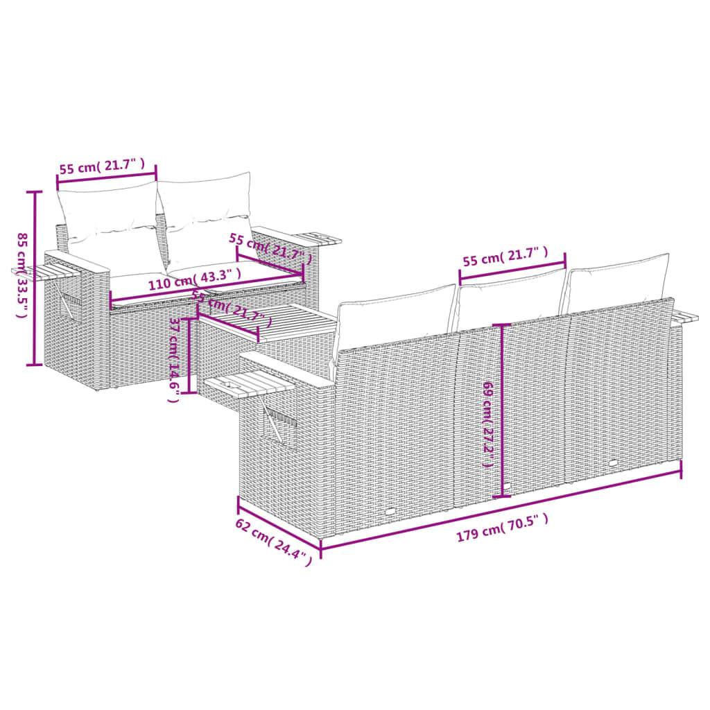 vidaXL 6-tlg. Garten-Sofagarnitur mit Kissen Grau Poly Rattan