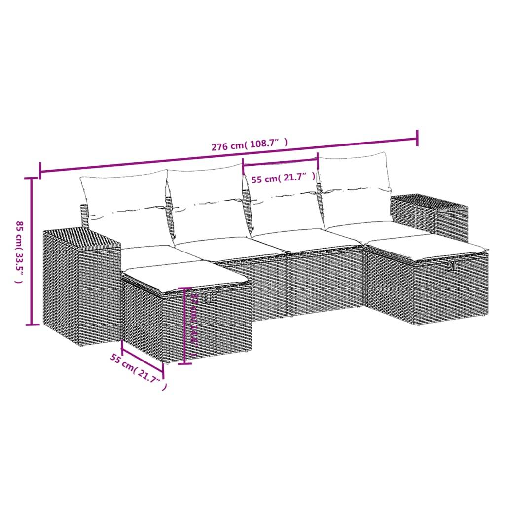 vidaXL 6-tlg. Garten-Sofagarnitur mit Kissen Grau Poly Rattan