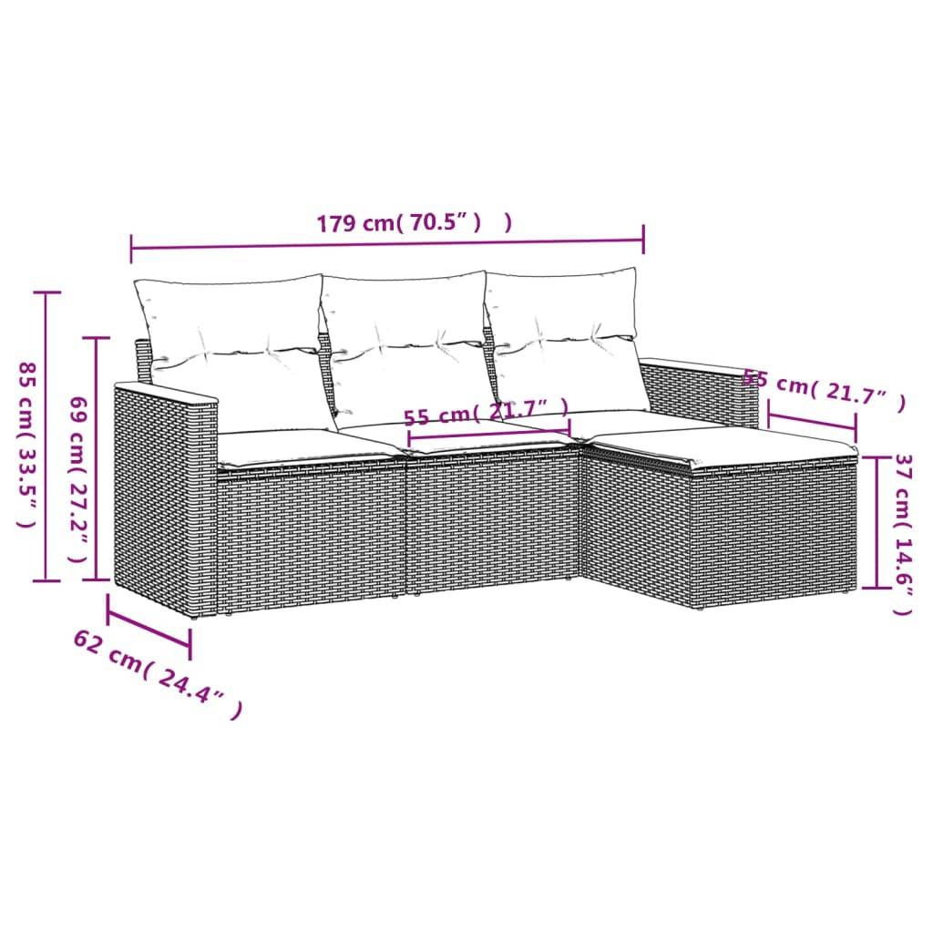 vidaXL 4-teiliges Gartensofa-Set mit Kissen, grau, Polyrattan
