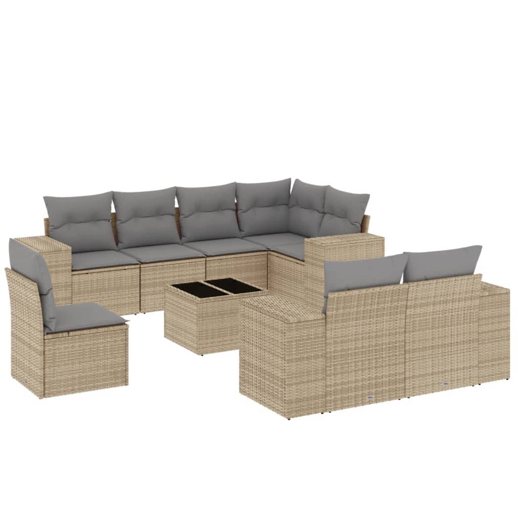 vidaXL 9-tlg. Garten-Sofagarnitur mit Kissen Beige Poly Rattan
