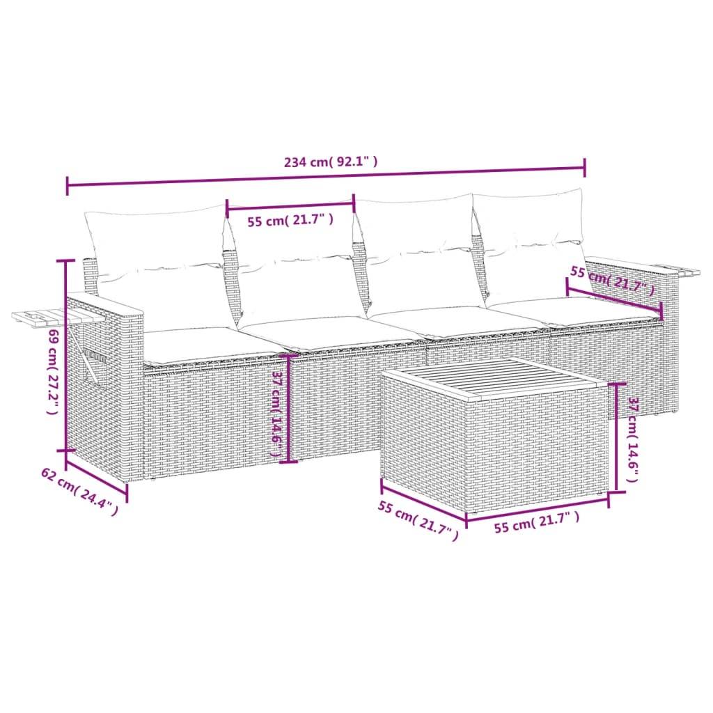 vidaXL 5-tlg. Garten-Sofagarnitur mit Kissen Beige Poly Rattan