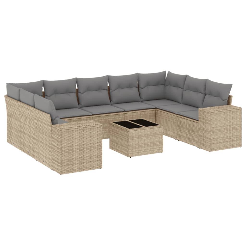vidaXL 10-tlg. Garten-Sofagarnitur mit Kissen Beige Poly Rattan
