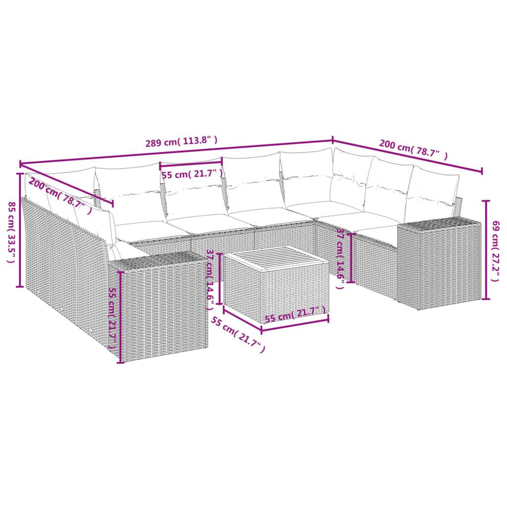 vidaXL 10-teiliges Gartensofa-Set mit Kissen, grau, Polyrattan