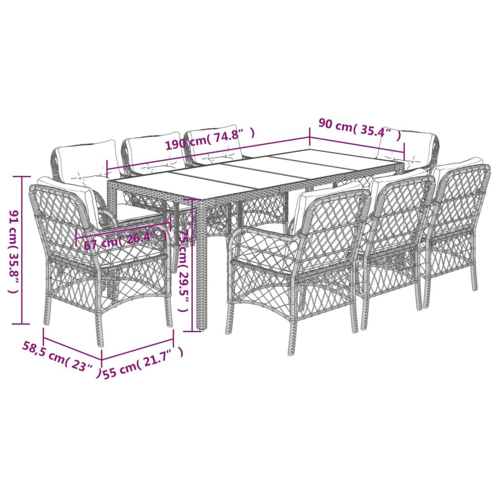 vidaXL 9-tlg. Garten-Essgruppe mit Kissen Grau Poly Rattan